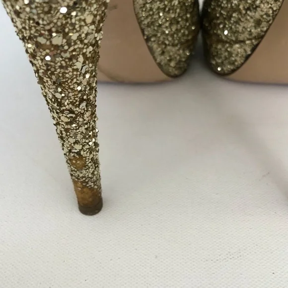 Miu Miu Gold Glitter Black Trim Peep Pumps Heels 9